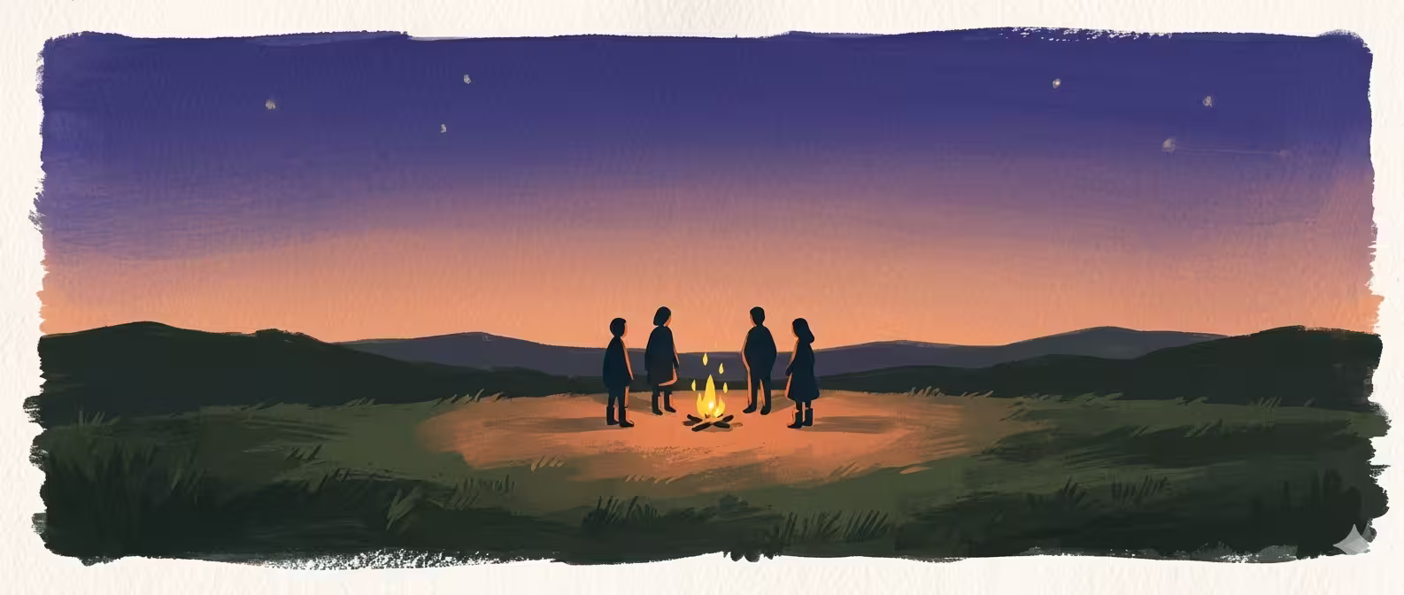 Four small human silhouettes standing in a loose half-circle around a low fire on a hilltop at dusk. The fire is the only bright thing in the frame; warm persimmon glow spreads across the ground. Dusk sky transitions from peach near the horizon up into indigo, with three or four faint stars.