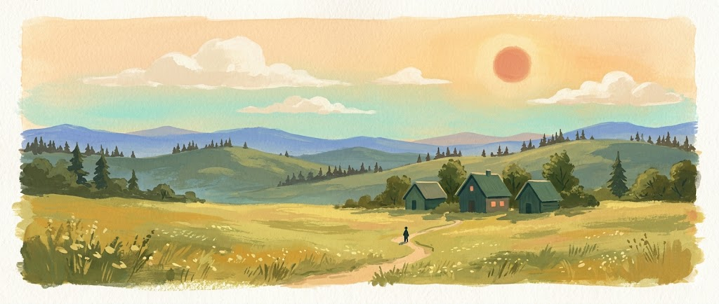 Mid-morning above a small valley: warm peach sky, soft sun, layered blue mountains receding into the distance, mossy hills with conifer silhouettes, three small cottages tucked into a meadow with one warmly lit window, a single walker on the path toward them.