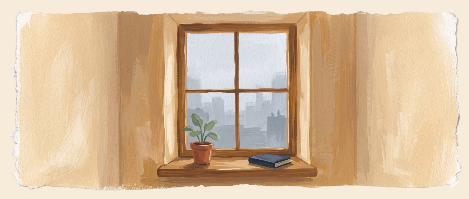 A quiet domestic interior at overcast morning: an empty room, a tall wooden window with a horizontal and vertical mullion, soft grey city silhouettes receding outside, a small potted plant and a closed book resting on the deep wooden sill.
