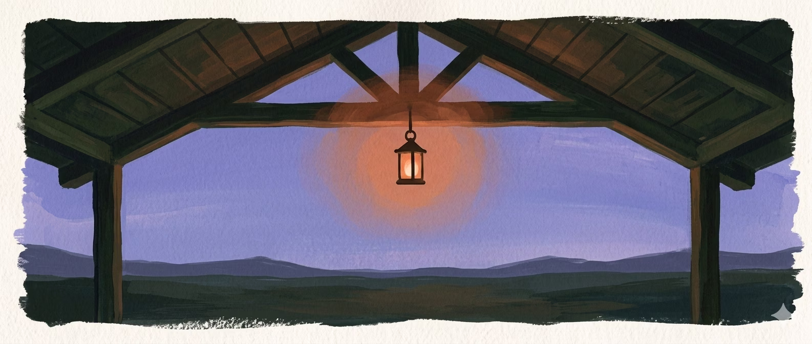 Viewed from beneath a sheltering wooden eave at dusk: a single lantern hangs from a short cord, casting a warm persimmon halo onto the underside of the roof. Beyond the eave, a calm violet-blue twilight landscape and low silhouetted hills.