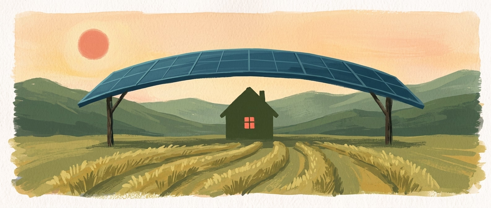 A low arched solar canopy over a small cottage with one warmly lit window. Curving rows of crops in the foreground. Distant moss-green hills receding into a warm peach morning sky with a soft persimmon sun in the upper left.